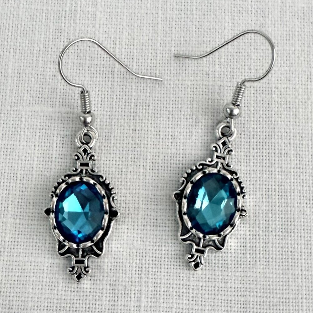 Blue Crystal Silver Plated   Earrings Statement Regency Glam Romantic Jewelry